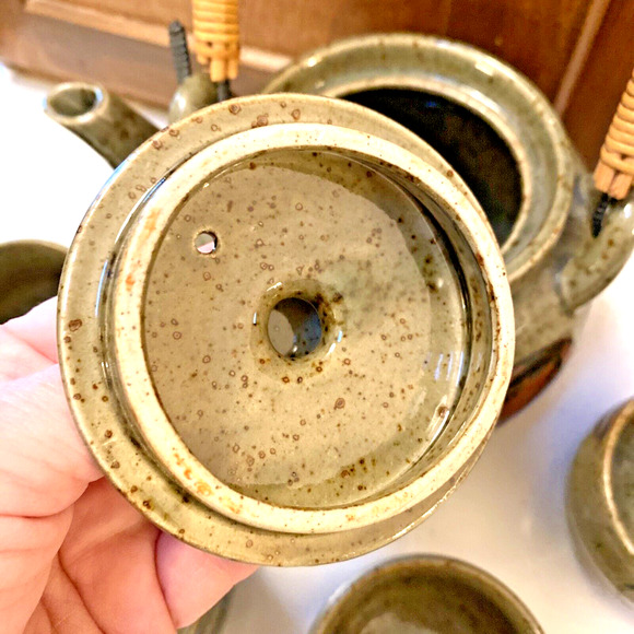 Vintage OMC Japan Tea Set Art Pottery Teapot & 4 Cups Stoneware Floral 70s Decor - Picture 5 of 12